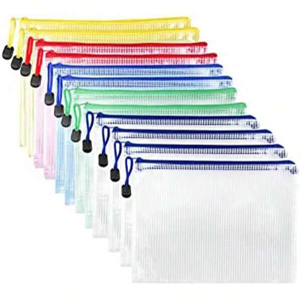 Fousenuk Dokumententaschen mit Reißverschluss, 12er-Pack, A5, wasserdichte Dokumententasche, Mesh-Plastik-Reißverschlusstasche, Reißverschlusstaschen für Dateien, Papiere, Quittungen, Kosmetika, 5 Farben, Schulbedarf