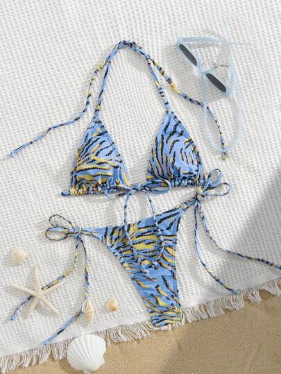 Sommerlicher sexy bedruckter Bikini Badeanzug, Separates Style Dreieck Bademode für den Strandurlaub