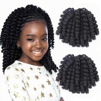 2 件儿童女孩 Jumpy Wand Curl 钩针假发，牙买加弹跳假发，适合非洲编织接发，预扭，适合儿童/女孩