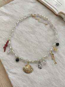 1pc Bohemian Summer Beach Metal Shell, Sea Conch & Faux Pearl Pendant Necklace, Baroque Simple Geometric Style, All-Season Accessory For Women - Multicolor Ocean Necklace - View 4