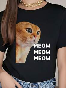 Silly Talking Cat Meme Meow Meow Meow T-Shirt        100% Cotton Short-Sleeved Top Summer T-Shirt For Women - Black - View 1