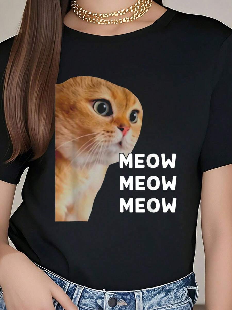 Silly Talking Cat Meme Meow Meow Meow T-Shirt        100% Cotton Short-Sleeved Top Summer T-Shirt For Women - Black - View 1