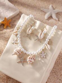 3 件海洋主题人造珍珠、海星、贝壳串珠项链和耳环套装，适合波西米亚风、沙滩装、休闲装、度假装、节日礼物的女性 - 金黃色 - 查看 13