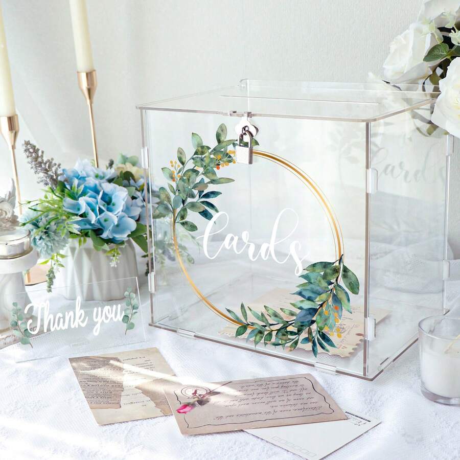 Acrylic Wedding Card Box With Lock, DIY Gift Card Box For Wedding Reception With Slot, Clear Wedding Envelope Money Card Box For Party Graduation Shower Birthday Decorations - White - View 1