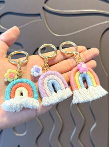 1pc Woven Rainbow Flower Pendant Keychain, Decoration For Girls Backpack & Handbag