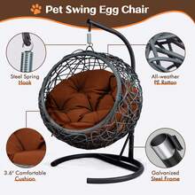 Cat Swing Bed With Stand & Cushion, Cat Egg Chair With Rattan Wicker Appearance, Indoor Hanging Swinging Cat Bed For Cats, Small Dogs, And Small Animals - 棕色 - 查看 5