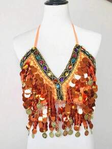Women Glitter Sequins Circle Tassels Halter Neck Padded Belly Dance Crop Top - Multicolor - View 21