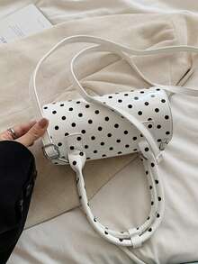 Fashionable Retro Solid Color PU Handbag, Waterproof Fabric, Zipper Closure, Dual Handles, Polka Dot Decor Design, Pillow-Shaped - White - View 9