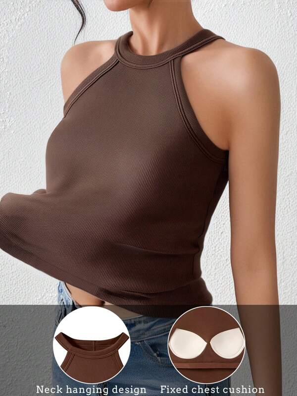 Women's Summer Camisole, Casual Solid Color Ribbed Spaghetti Strap Tank Top With Padded Bust