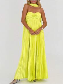 Womens Y2k Tube Strapless Pleated Maxi Dress With Scarf Maternity Silk Satin Formal Cocktail Ruffle Flowy Dresses - Yellow - View 3