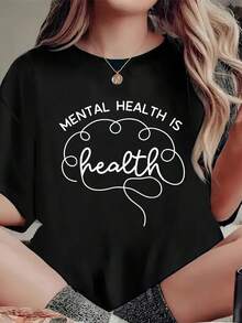 Mental Health Is Health Cute Brain Mental Health Awareness T-Shirt Print T-Shirt, Casual Crew Neck Short Sleeved Summer Top - Black - View 1