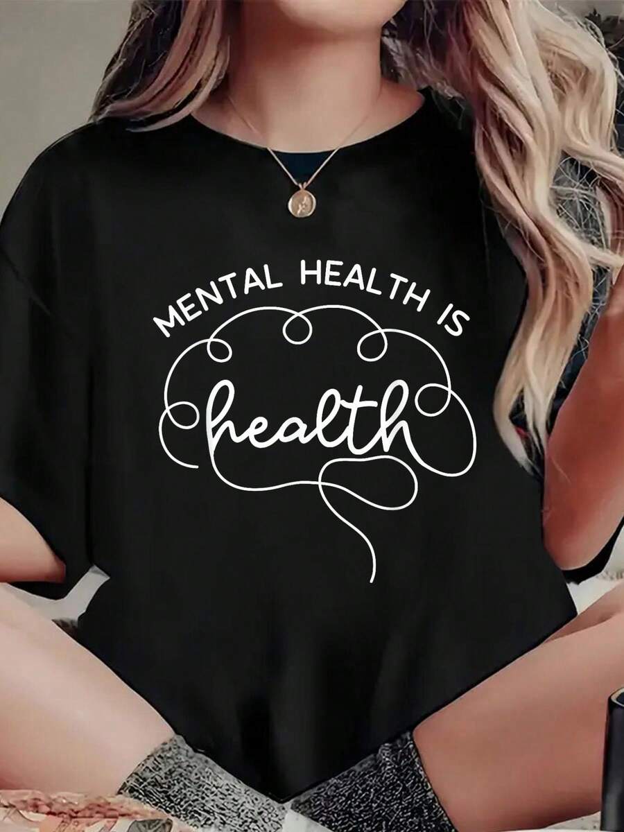 Mental Health Is Health Cute Brain Mental Health Awareness T-Shirt Print T-Shirt, Casual Crew Neck Short Sleeved Summer Top - Black - View 1