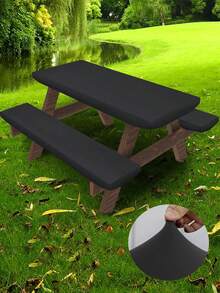Juego de mesa de exterior de 3 piezas, que incluye 1 mantel y 2 fundas para bancos, esencial para camping, de unicolor apto para todas las estaciones, set de mesa de picnic al aire libre, barbacoa, camping, fiestas, fácil de limpiar - Gris Oscuro - Ver 1