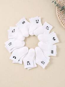 Newborn And Toddler Socks 0 - 3Y- 10 - Piece Set Of White High - Elastic Baby Socks, Cute Emoticon Patterns Included - White - View 3