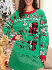 Ugly Christmas Sweaters For Women Funny Snowman Snowflake Print Long Sleeve Knitted Crew Neck Pullover Sweater Cute Xmas Sweater - Green - View 1