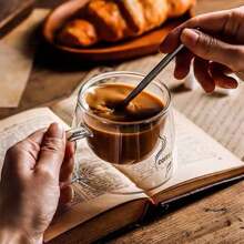 1pc Double Wall Glass Coffee Cup, 200ml Transparent Cappuccino Cup With Handle, Suitable For Tea, Milk, Espresso, Beer, Juice Back To School