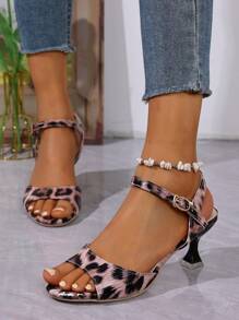 1 Paio di Eleganti Sandali con Tacco Alto in Finta Pelle con Stampa Leopardata e Fibbia, Comodi, Adatti per Matrimoni, Feste ed Estate