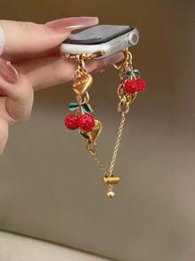 1 件兼容 表带 AppleWatch 表带女款 Love Cherry 吊坠金手链，兼容 38/40/41/42/44/45/46/49 毫米，适用于 Ultra3/2/1/Se/10/9/8/7/6/5/4/3/2/1，可调节伸缩拉丝设计金属表带，苹果手表配件，女士配饰，适合夏季女性