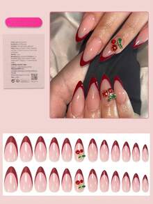 24片装中号杏仁形美甲贴纸，酒红色法式美甲，3D夏日樱桃图案，优雅时尚，适合女性和女孩，日常、约会、办公、居家、派对等场合美甲用品 - 彩色 - 查看 2