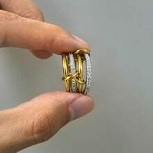 VKHK 1pc Creative 18K Gold Plated Stainless Steel Zirconia Decorated Multilayer Circle Linked Single Ring Suitable For Women Men Couple Everyday Wear And Gift