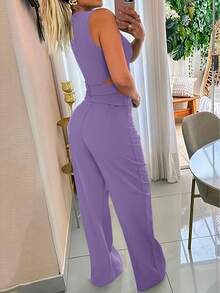 Women's Summer Thin Fashion Casual Slim Fit Elegant Solid Color Decorative Button Two Pieces Set, Modest Woven Non-Stretch Slim Fit Zipper Lightweight Spring/Summer Two Pieces Outfits - Purple - View 4