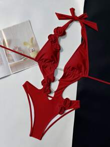 Women's Fashionable Sexy Red 3D Floral Decor Backless Halter One-Piece Swimsuit