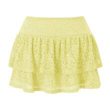 Women Tiered Ruffled Short Skirts Floral Lace Sheer Mid Rise Lined Cute Flowy Mini Skirts - Yellow - View 3