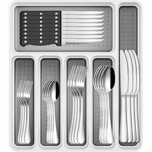 49 pièces Set de couverts (avec couteaux à steak et boîte de rangement) | Set de couverts en acier inoxydable | Comprend un plateau de rangement, des couteaux, des cuillères et des fourchettes | Idéal pour les fêtes, les hôtels et les maisons