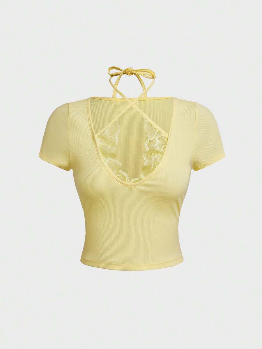 Women's Solid Color Lace Spaghetti Strap Slim Fit Tank Top, Simple Casual Cream Yellow T-Shirt, Versatile Fitted Summer Camisole