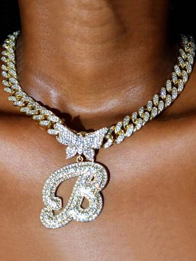 Silvery Women Necklaces - A-Z Initial Butterfly Pendant Necklace & Bracelet Set, Personalized Cuban Link Jewelry For Women, Rhombus Cuban Link Chain, Cursive Letter Jewelry Gift