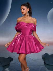 Women's Plain Shoulder Ruffle Elegant Fashion Dress, Party Dress, Prom Dress - Hot Pink - View 9