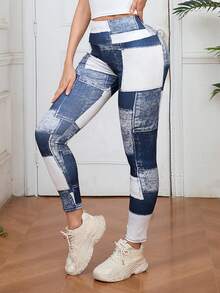 2pcs Women's Outdoor Sports Pants, Patchwork Print Design Yoga Leggings