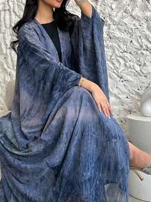 1 件优雅休闲扎染印花 Abaya 轻质前开襟长袍开衫，适合日常穿着和聚会，朴素的长袍 - 彩色 - 查看 3