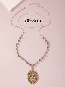 1pc Boho Zinc Alloy Rhinestone & Bead Decor Hollow Out Oval Charm Necklace For Women For Daily Decoration