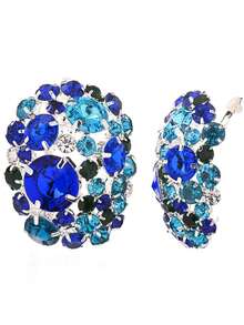 Rhinestone Encrusted Oversize Round Clip-On Earrings, Dramatic Bling Jewelry Accessories - Blue - View 5