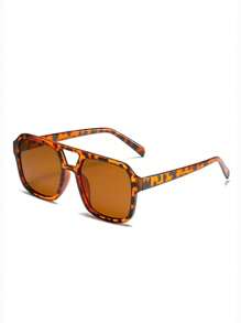 1pc Unisex Tortoise Shell Color Square Frame Double Bridge Pilot Style Fashion Glasses For Vacation Boho Shades Beach Accessories Beach Accessories For Women Glasses Shades Basics Fall Winter Women Outfits Clothes Business Casual Gifts Leopard