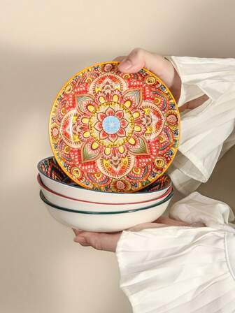 1/2/4pcs Ceramic Round Plate, Available In Orange/Red/Blue/Green, Suitable For Restaurant And Home Use