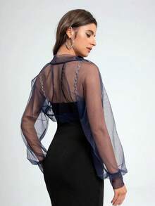 Lightweight European And American Style New Long Sleeve Mesh Shawl, Simple And Sexy Transparent Cropped Jacket For Brides Fall Clothes For Women,Elegant,Birthday - Black - View 3