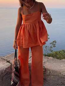 2 件套女士优雅无袖宽松露背吊带背心和阔腿裤套装，纯色，优雅夏日 - 橘色 - 查看 5