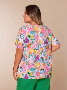 Fruit Print V-Neck Batwing Sleeve Casual Vacation Short Sleeve Tops, Lightweight Plus Size Women Summer Clothing