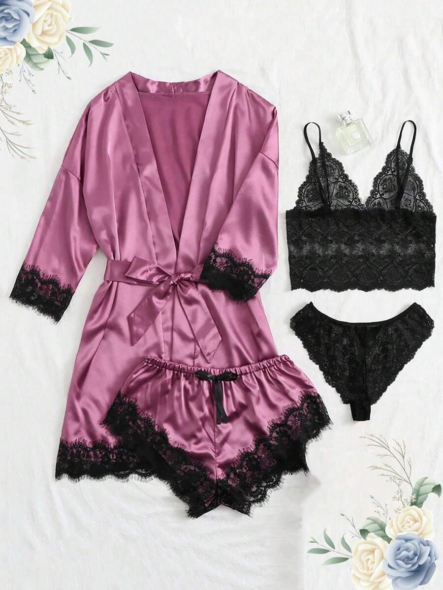 4-Piece Women's Satin Pajamas, Beautiful And Sexy, Soft And Comfortable. It Includes A Satin Robe(Three-Quarter Sleeve), A Lace Camisole, A Lace Panty And A Satin Shorts. Suitable For Home Leisure Wear. Sexy Pajamas Are The Perfect Choice For Elegant Women.Perfect For Summer.If You Prefer A Loose Fit, Order One Size Up Than Your Usual Size. - 紫色 - 查看 1