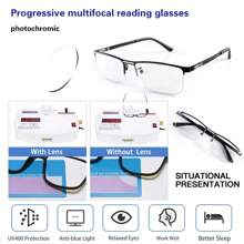 Progressieve multifocale fotochromatische leesbril, TR metalen halfrand flexibel montuur, lichtgewicht, unisex
