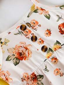 Conjunto de 3 piezas de vestidos de niña bebé con estampado floral y unicolor, con tirantes acanalados y botones - Multicolor - Ver 8