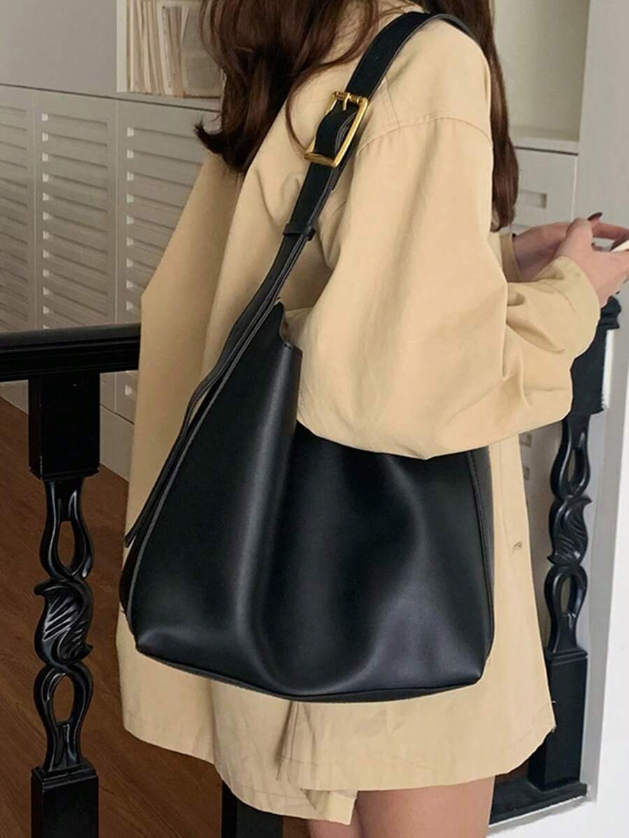 Simple Fashionable One Shoulder Large Capacity Versatile Tote Bag, Women Daily Commuter Handbag - Black - View 1
