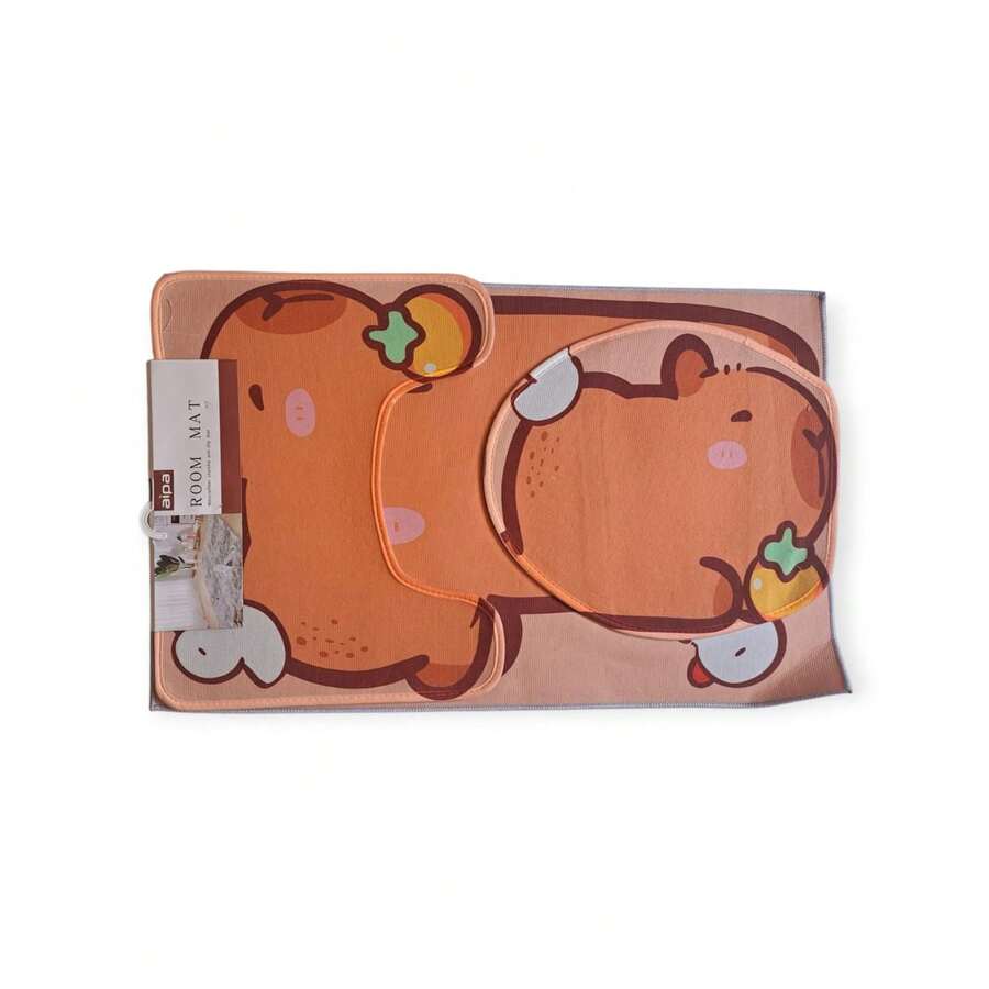 Adorable Set Of 3 Non-Slip Bath Mats With A Capybara Design - Mustard Yellow - View 1