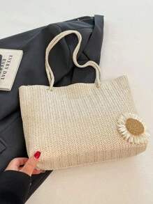 Bolso de playa de paja tejida con estampado floral, bolso de hombro casual y de moda para niñas