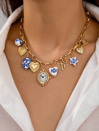 1pc Floral Ceramic Faux Watch Heart Locket Charm Necklace, Handmade White & Blue Porcelain Charms Necklaces Jewelry For Women, Bow Heart Charm Jewelry (Color And Shape May Vary)