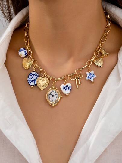 1pc Floral Ceramic Faux Watch Heart Locket Charm Necklace, Handmade White & Blue Porcelain Charms Necklaces Jewelry For Women, Bow Heart Charm Jewelry (Color And Shape May Vary)