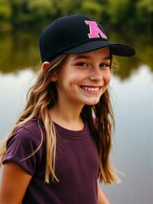 1 pièce Casquette de baseball réglable avec lettres de l'alphabet brodées pour enfants, chapeau de soleil décontracté unisexe, blanc os, pour les 8-16 ans - Noir - Voir 4