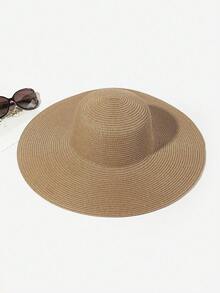 1pc Women's Sunshade Wide-Brimmed Hat Fashion Light Board Beach Straw Hat - Khaki - View 3